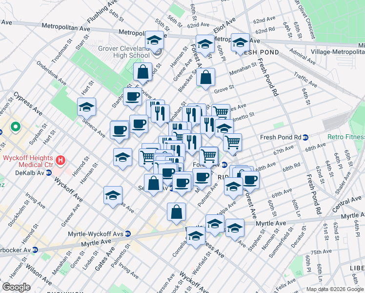 map of restaurants, bars, coffee shops, grocery stores, and more near 6-63 Woodward Avenue in Queens
