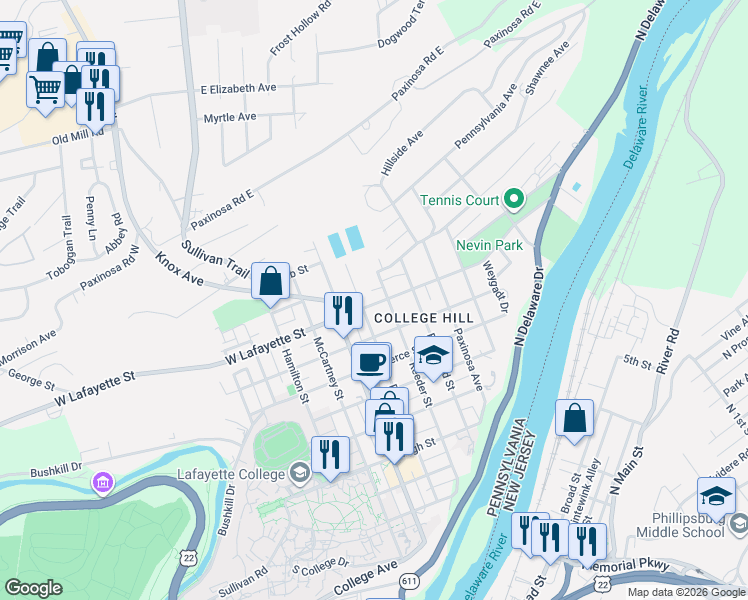 map of restaurants, bars, coffee shops, grocery stores, and more near 319 West Lafayette Street in Easton