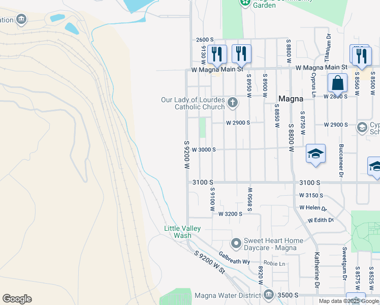 map of restaurants, bars, coffee shops, grocery stores, and more near 3007 South 9200 West in Magna