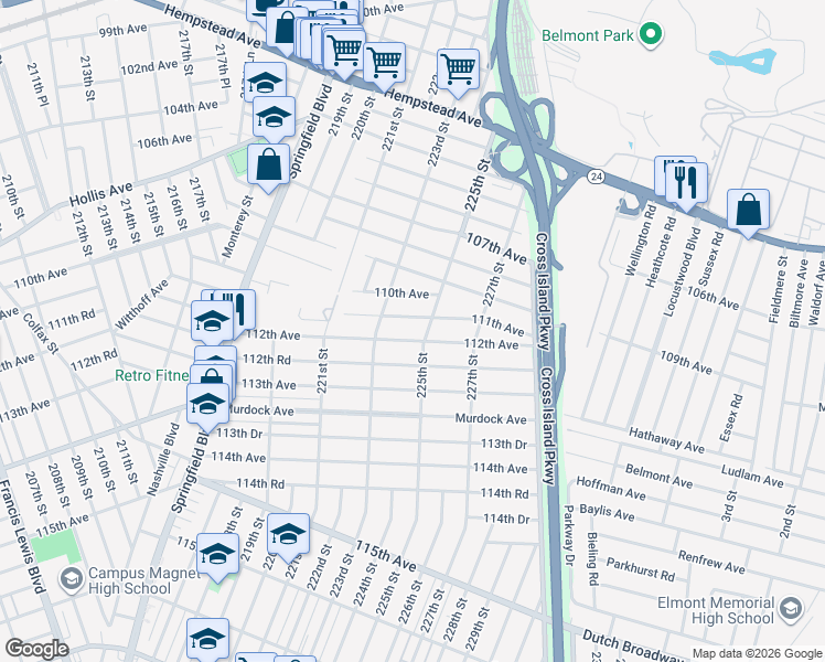 map of restaurants, bars, coffee shops, grocery stores, and more near 223-43 112th Avenue in Queens