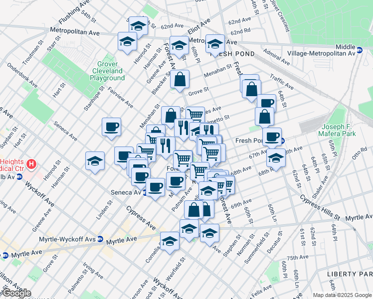 map of restaurants, bars, coffee shops, grocery stores, and more near 218 Woodbine Street in Queens