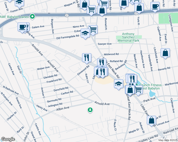 map of restaurants, bars, coffee shops, grocery stores, and more near 6 Quaker Court in West Babylon