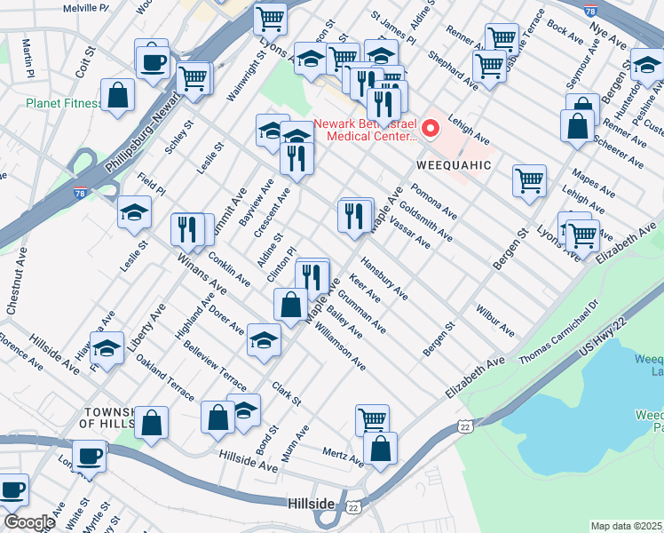 map of restaurants, bars, coffee shops, grocery stores, and more near 174 Keer Avenue in Newark
