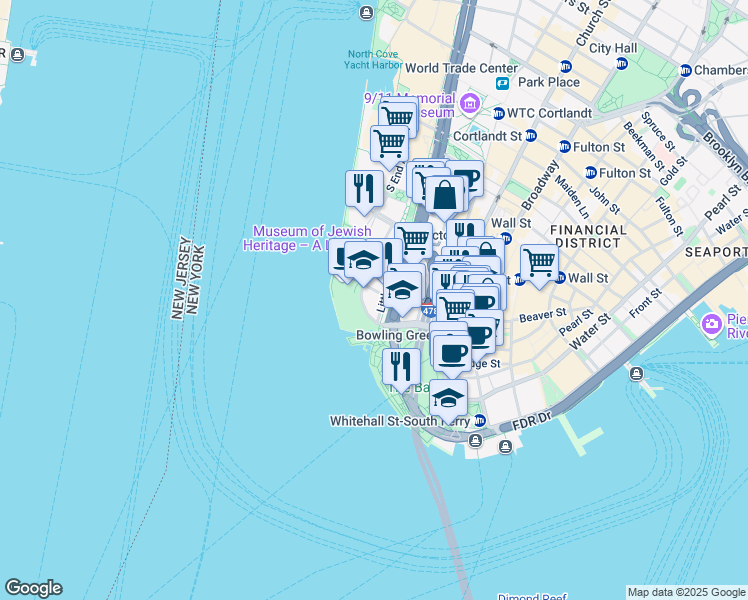 map of restaurants, bars, coffee shops, grocery stores, and more near 2 West Street in New York