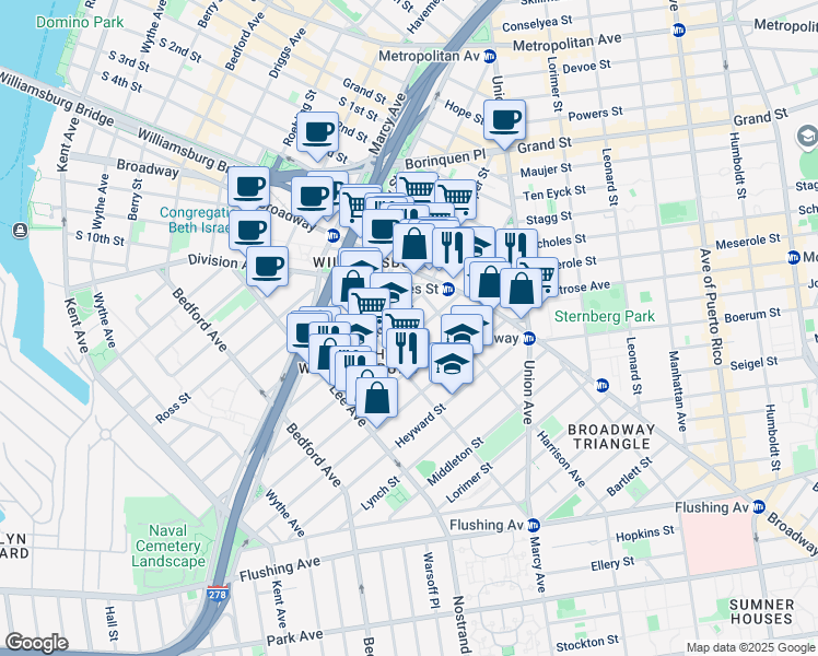 map of restaurants, bars, coffee shops, grocery stores, and more near 268 Hewes Street in Brooklyn