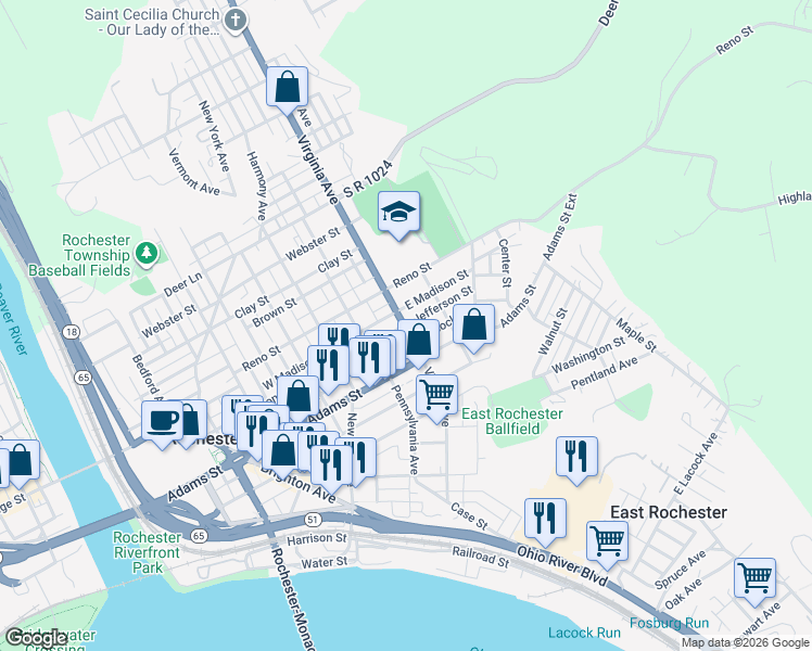 map of restaurants, bars, coffee shops, grocery stores, and more near 350 Virginia Ave in Rochester