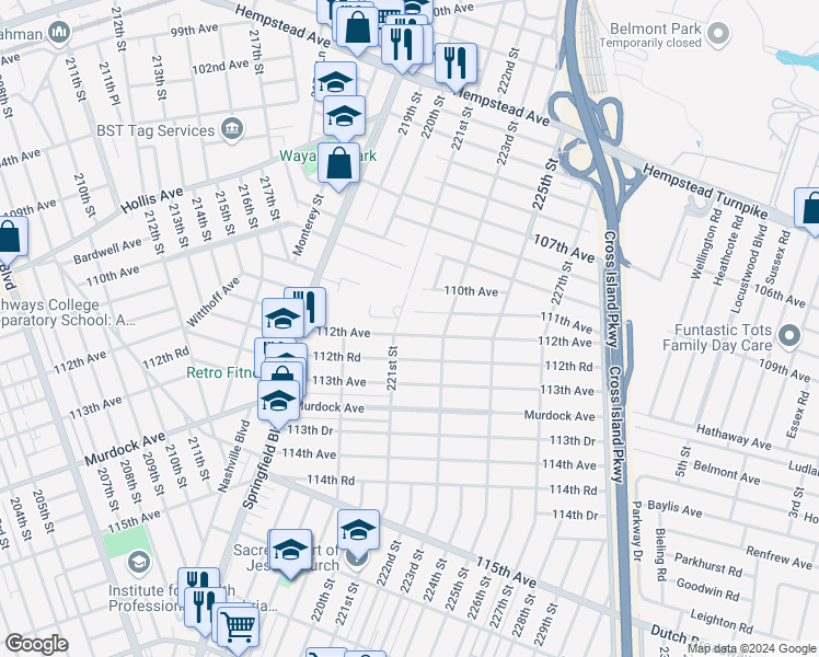 map of restaurants, bars, coffee shops, grocery stores, and more near 221-15 112th Avenue in Queens