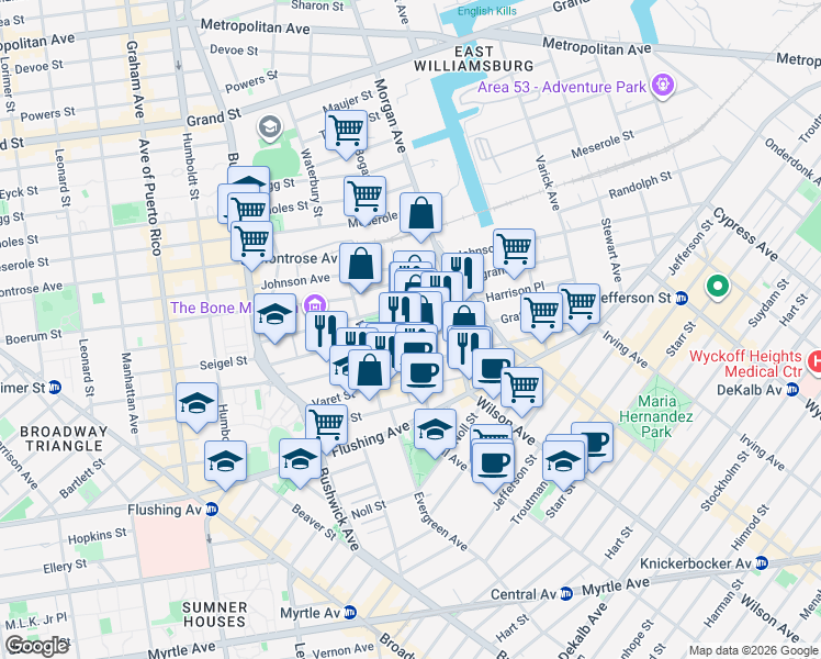 map of restaurants, bars, coffee shops, grocery stores, and more near Bogart Street & Seigel Street in Brooklyn