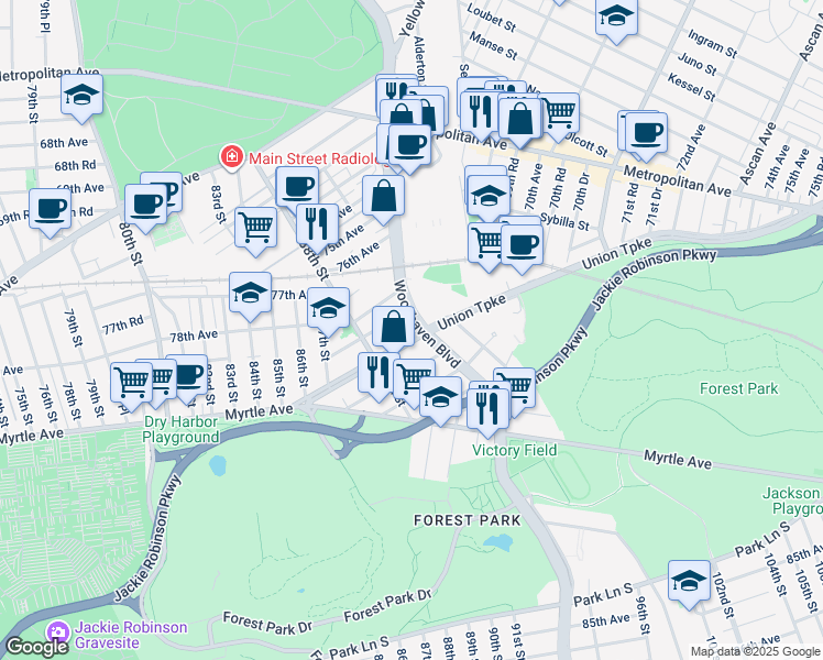 map of restaurants, bars, coffee shops, grocery stores, and more near 88-45 Union Turnpike in Queens