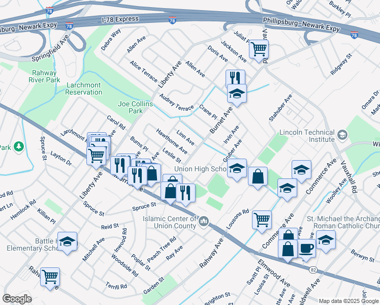 map of restaurants, bars, coffee shops, grocery stores, and more near 2501 Hawthorne Avenue in Union