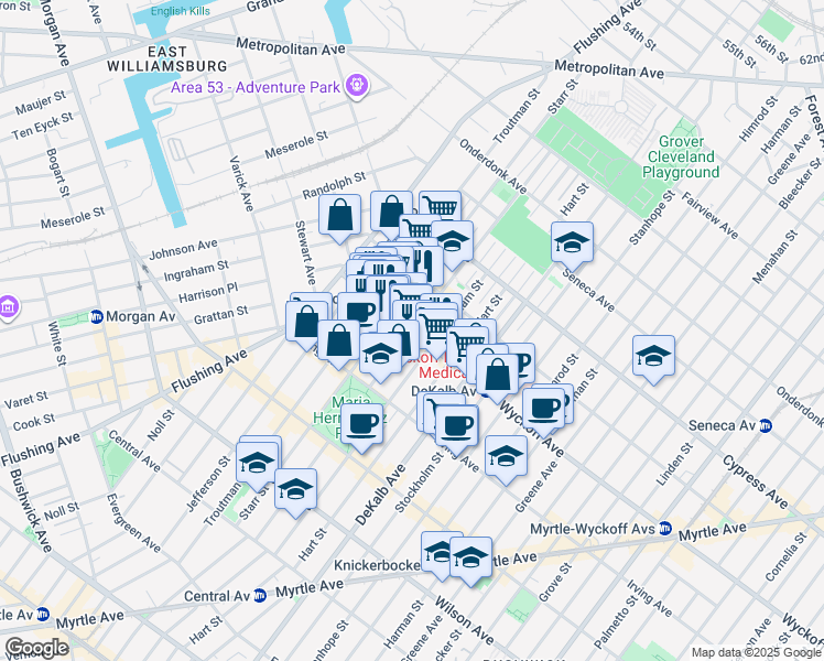 map of restaurants, bars, coffee shops, grocery stores, and more near Wyckoff Avenue & Willoughby Avenue in Brooklyn