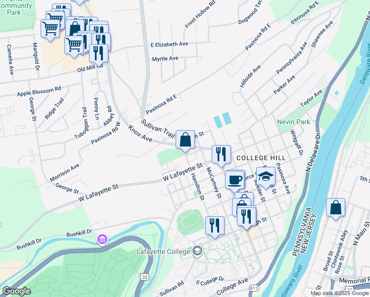 map of restaurants, bars, coffee shops, grocery stores, and more near 940 Knox Avenue in Easton