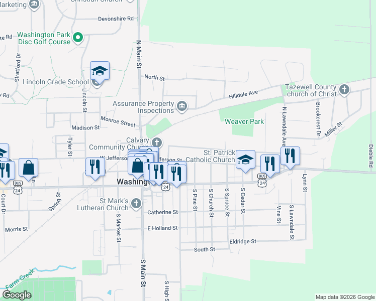 map of restaurants, bars, coffee shops, grocery stores, and more near 308 East Adams Street in Washington