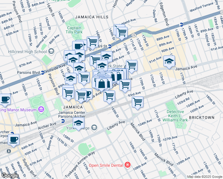 map of restaurants, bars, coffee shops, grocery stores, and more near 166-17 Jamaica Avenue in Queens