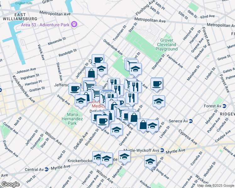 map of restaurants, bars, coffee shops, grocery stores, and more near 1690 Dekalb Avenue in Brooklyn