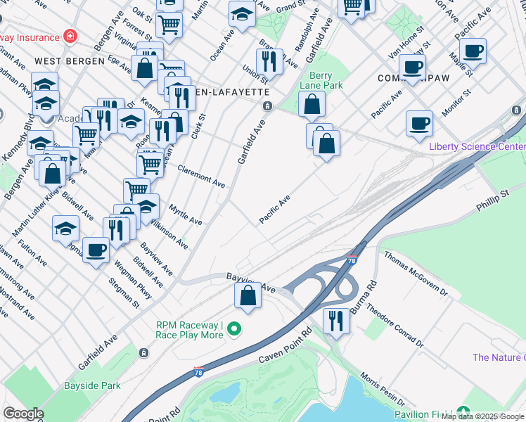 map of restaurants, bars, coffee shops, grocery stores, and more near 51 Pacific Avenue in Jersey City