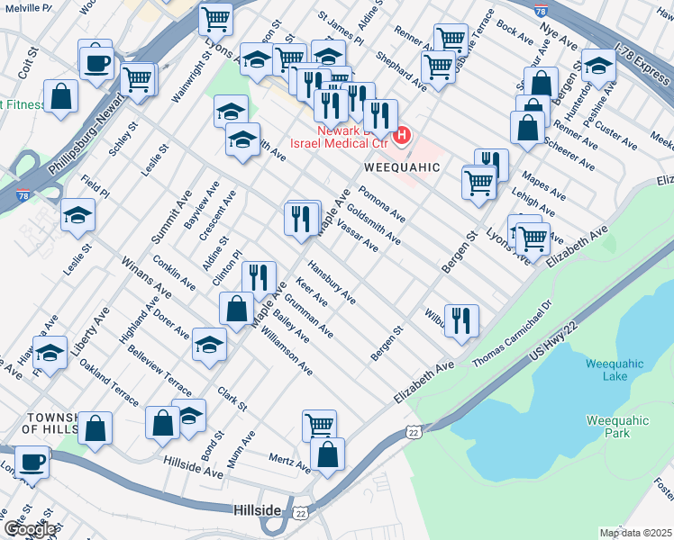 map of restaurants, bars, coffee shops, grocery stores, and more near 148 Chancellor Avenue in Newark