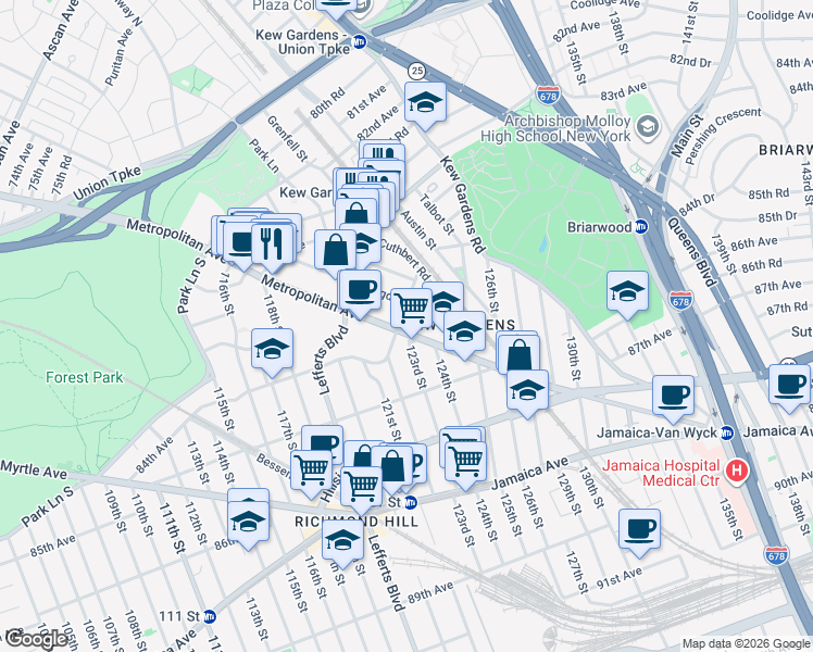 map of restaurants, bars, coffee shops, grocery stores, and more near 2-73 Brevoort Street in Queens