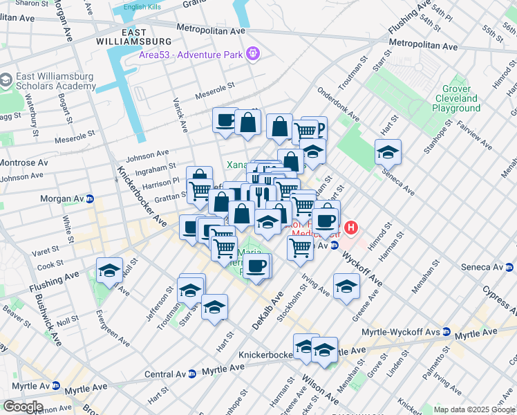 map of restaurants, bars, coffee shops, grocery stores, and more near 229 Starr Street in Brooklyn