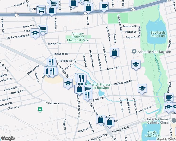 map of restaurants, bars, coffee shops, grocery stores, and more near 136 Woodrow Parkway in West Babylon