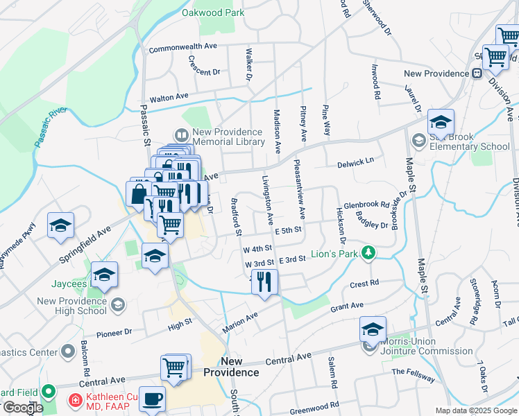 map of restaurants, bars, coffee shops, grocery stores, and more near 11 Thomas Street in New Providence