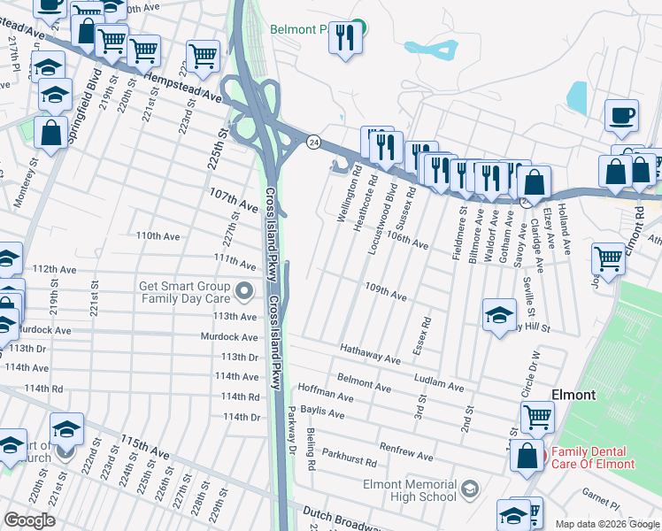 map of restaurants, bars, coffee shops, grocery stores, and more near 140 Wellington Road in Elmont