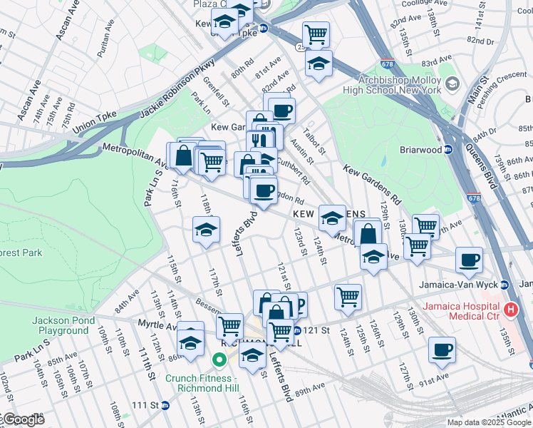 map of restaurants, bars, coffee shops, grocery stores, and more near 119-30 Metropolitan Avenue in Queens