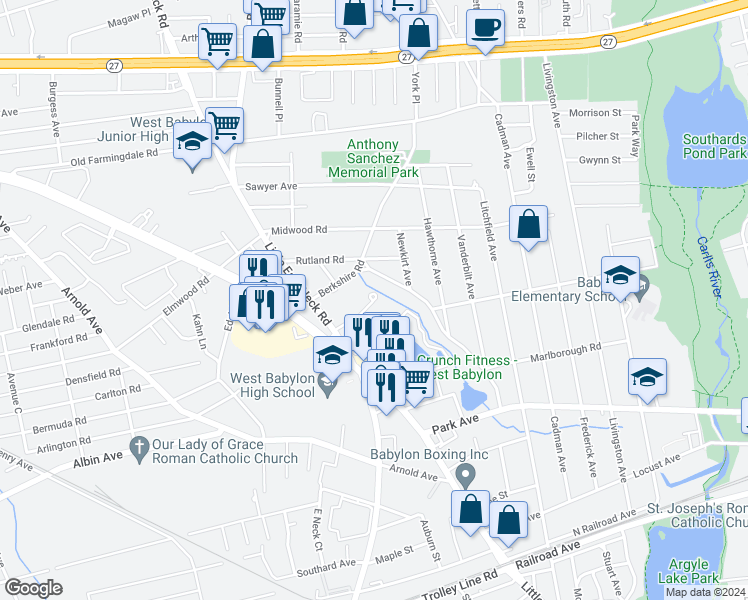 map of restaurants, bars, coffee shops, grocery stores, and more near 76 Phillips Walk in West Babylon