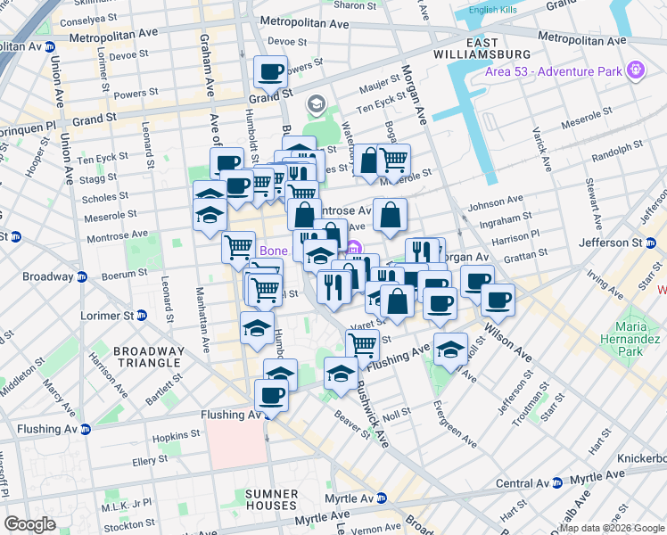 map of restaurants, bars, coffee shops, grocery stores, and more near 3 McKibbin Court in Brooklyn