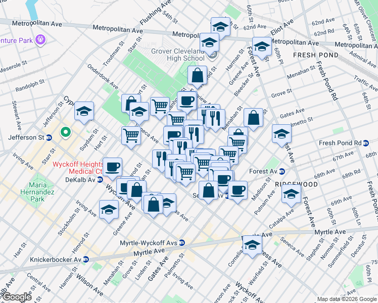 map of restaurants, bars, coffee shops, grocery stores, and more near 18-19 Bleecker Street in Queens