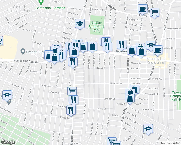 map of restaurants, bars, coffee shops, grocery stores, and more near 89 Hunnewell Avenue in Elmont
