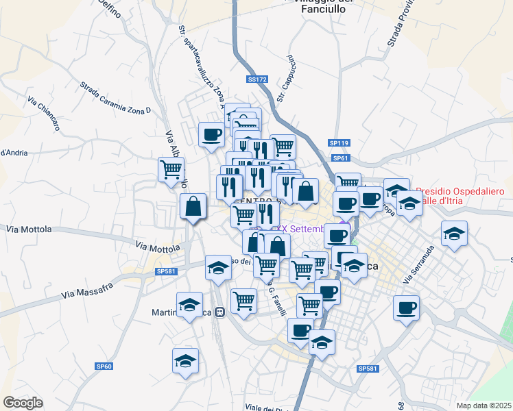 map of restaurants, bars, coffee shops, grocery stores, and more near 17 Via Conte Leopardi in Martina Franca