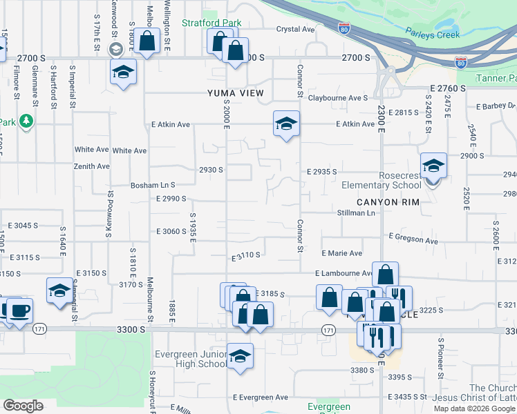 map of restaurants, bars, coffee shops, grocery stores, and more near 2057 East 3035 South in Salt Lake City