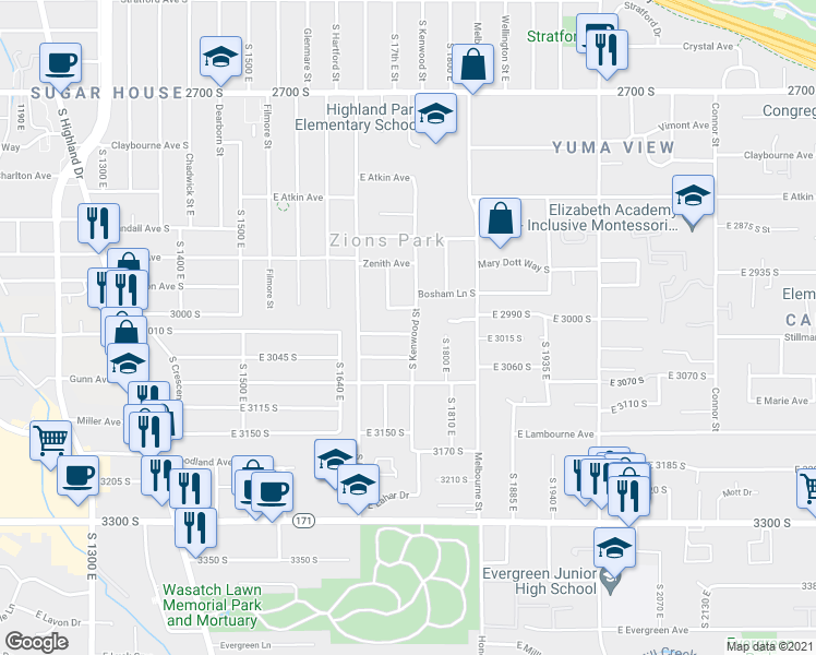 map of restaurants, bars, coffee shops, grocery stores, and more near 1760 Edward Avenue in Salt Lake City