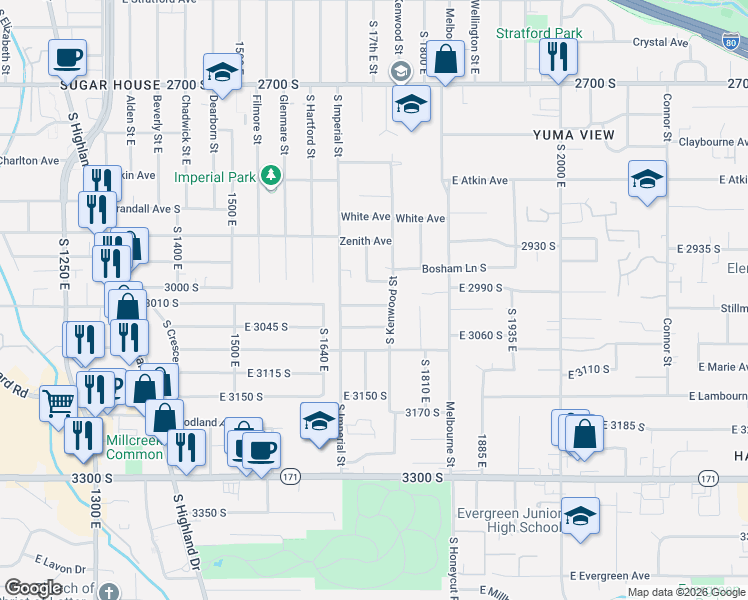 map of restaurants, bars, coffee shops, grocery stores, and more near 1760 Edward Avenue in Salt Lake City
