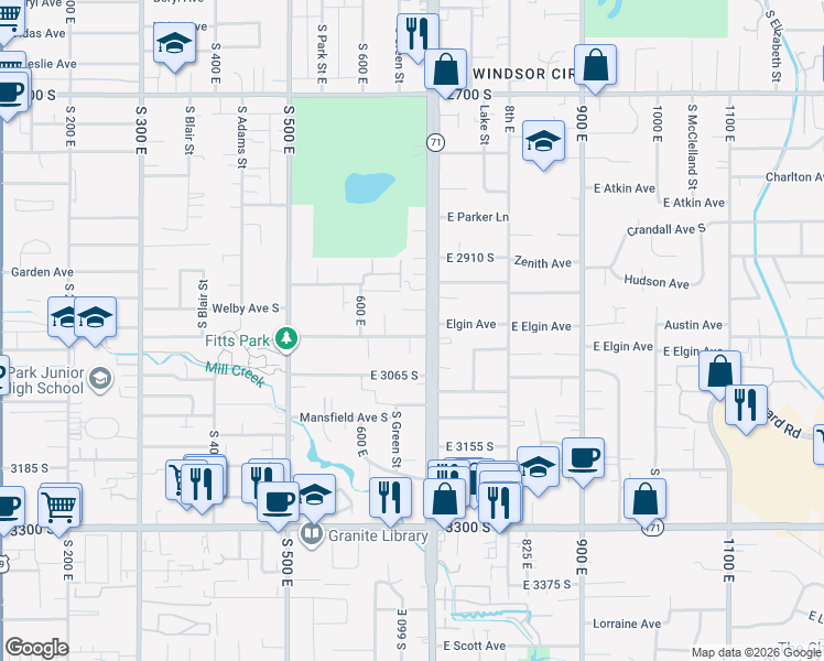 map of restaurants, bars, coffee shops, grocery stores, and more near 684 Leland Avenue South in Salt Lake City