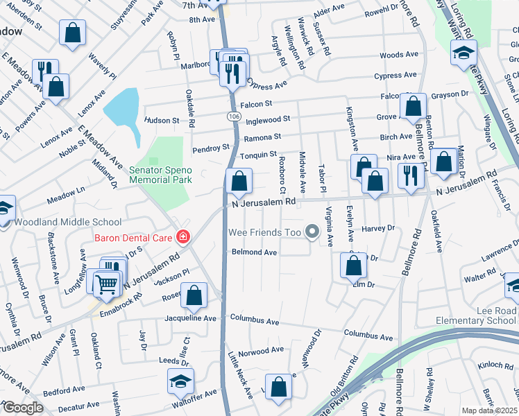 map of restaurants, bars, coffee shops, grocery stores, and more near 695 Sterling Street in North Bellmore