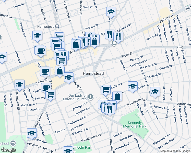 map of restaurants, bars, coffee shops, grocery stores, and more near in Hempstead