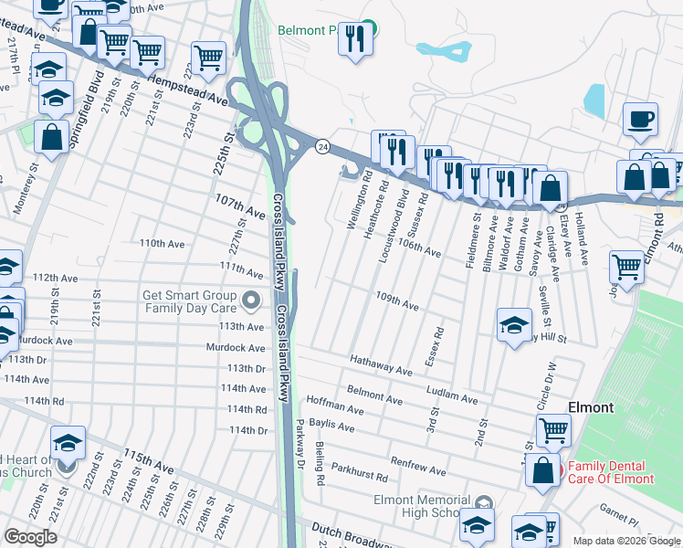 map of restaurants, bars, coffee shops, grocery stores, and more near 140 Wellington Road in Elmont