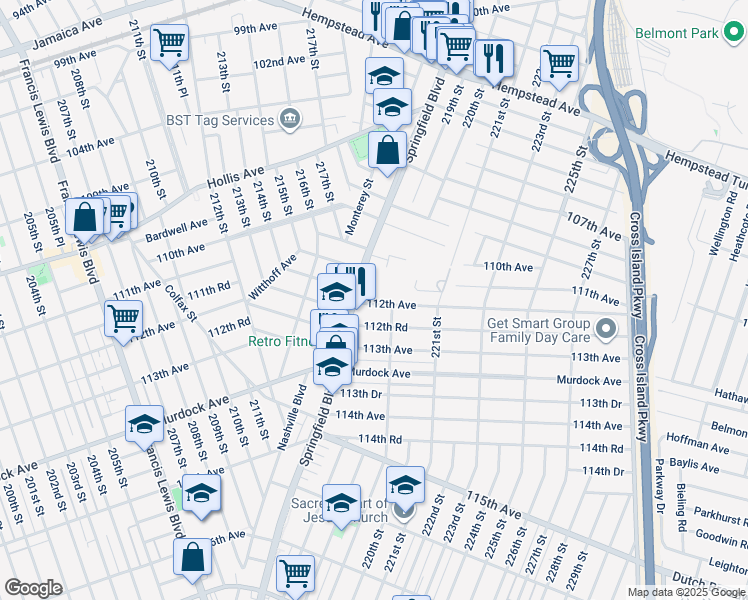 map of restaurants, bars, coffee shops, grocery stores, and more near 218-28 112th Avenue in Queens