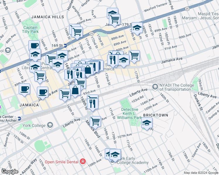 map of restaurants, bars, coffee shops, grocery stores, and more near 17020A Park Circle in Queens