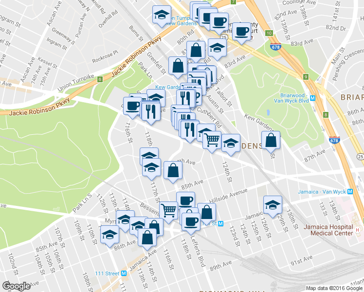map of restaurants, bars, coffee shops, grocery stores, and more near in Queens