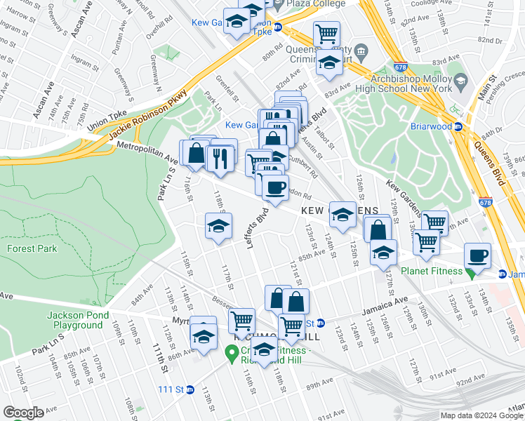 map of restaurants, bars, coffee shops, grocery stores, and more near in Queens