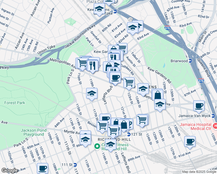 map of restaurants, bars, coffee shops, grocery stores, and more near in Queens
