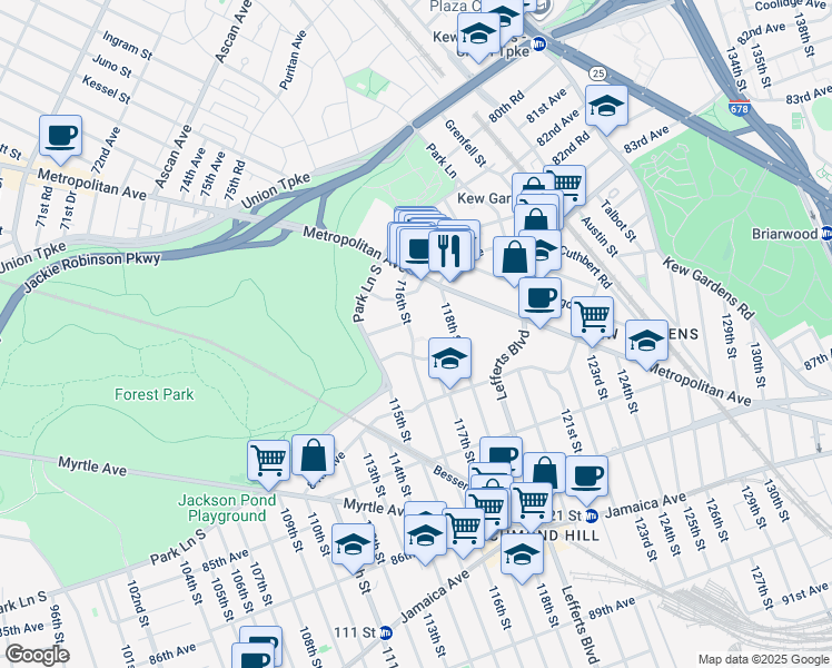 map of restaurants, bars, coffee shops, grocery stores, and more near 8331 116th Street in Queens