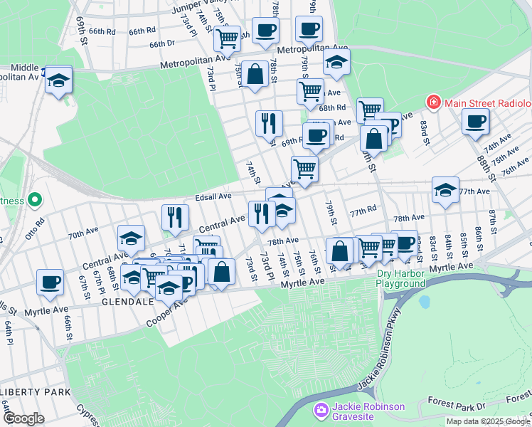 map of restaurants, bars, coffee shops, grocery stores, and more near 77-32 74th Street in Queens