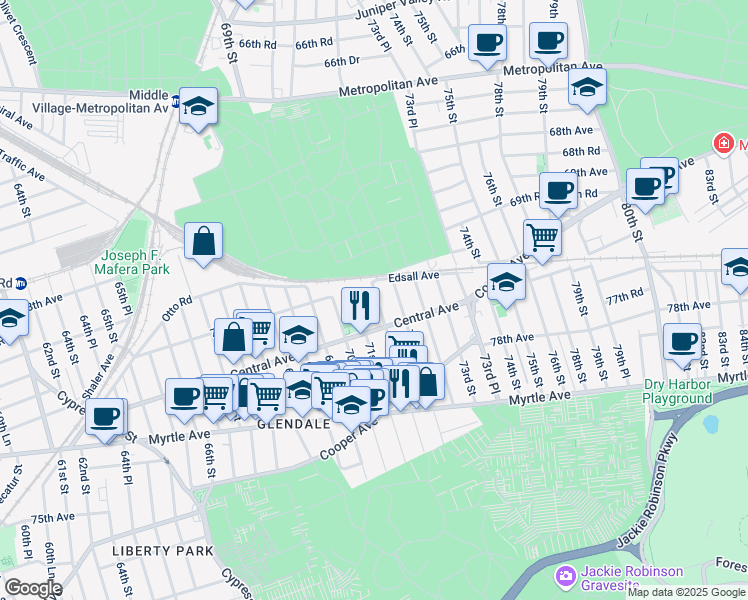 map of restaurants, bars, coffee shops, grocery stores, and more near 70-20 71st Place in Queens
