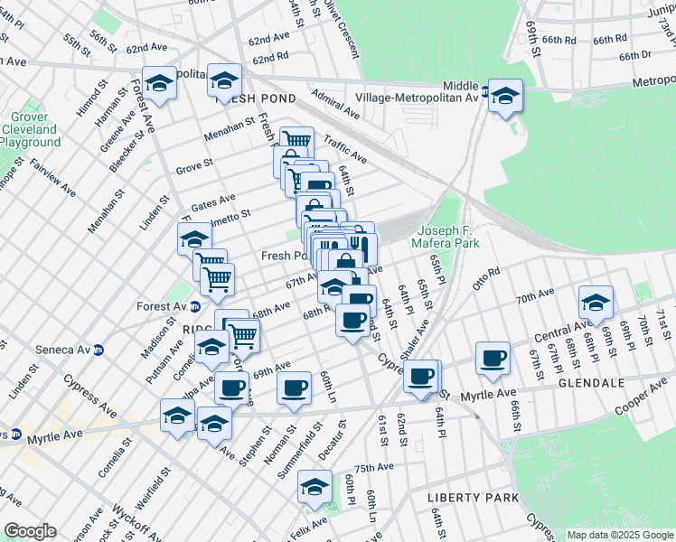 map of restaurants, bars, coffee shops, grocery stores, and more near 6715 Fresh Pond Road in Queens