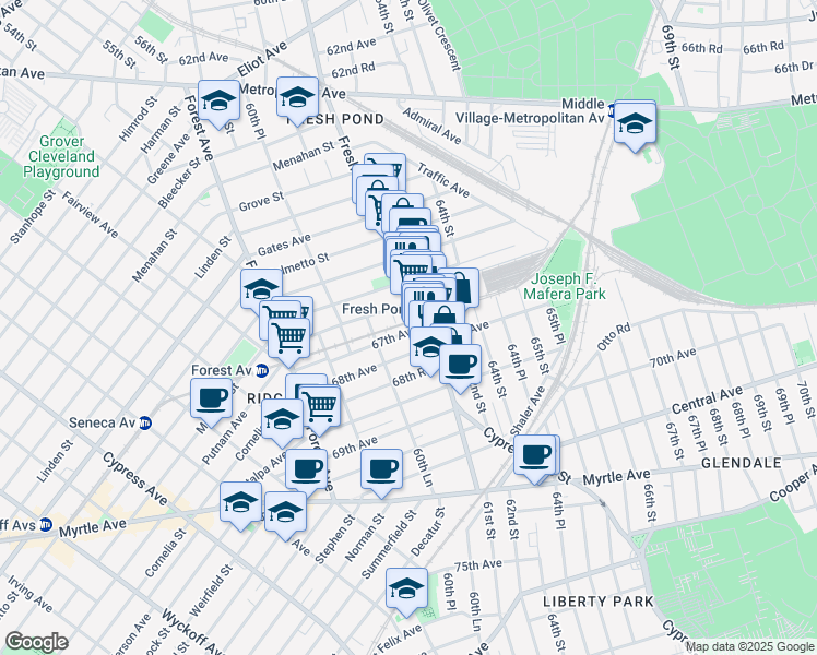 map of restaurants, bars, coffee shops, grocery stores, and more near 60-75 67th Avenue in Queens