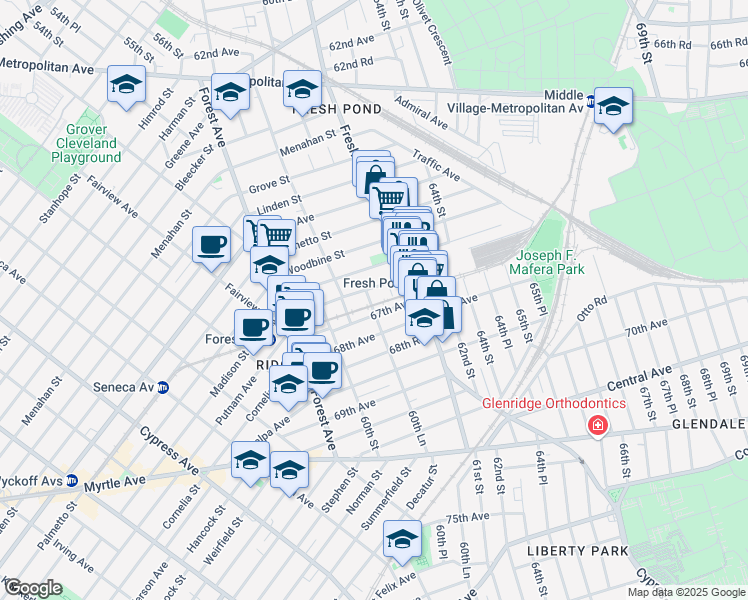 map of restaurants, bars, coffee shops, grocery stores, and more near 66-16 60th Lane in Queens